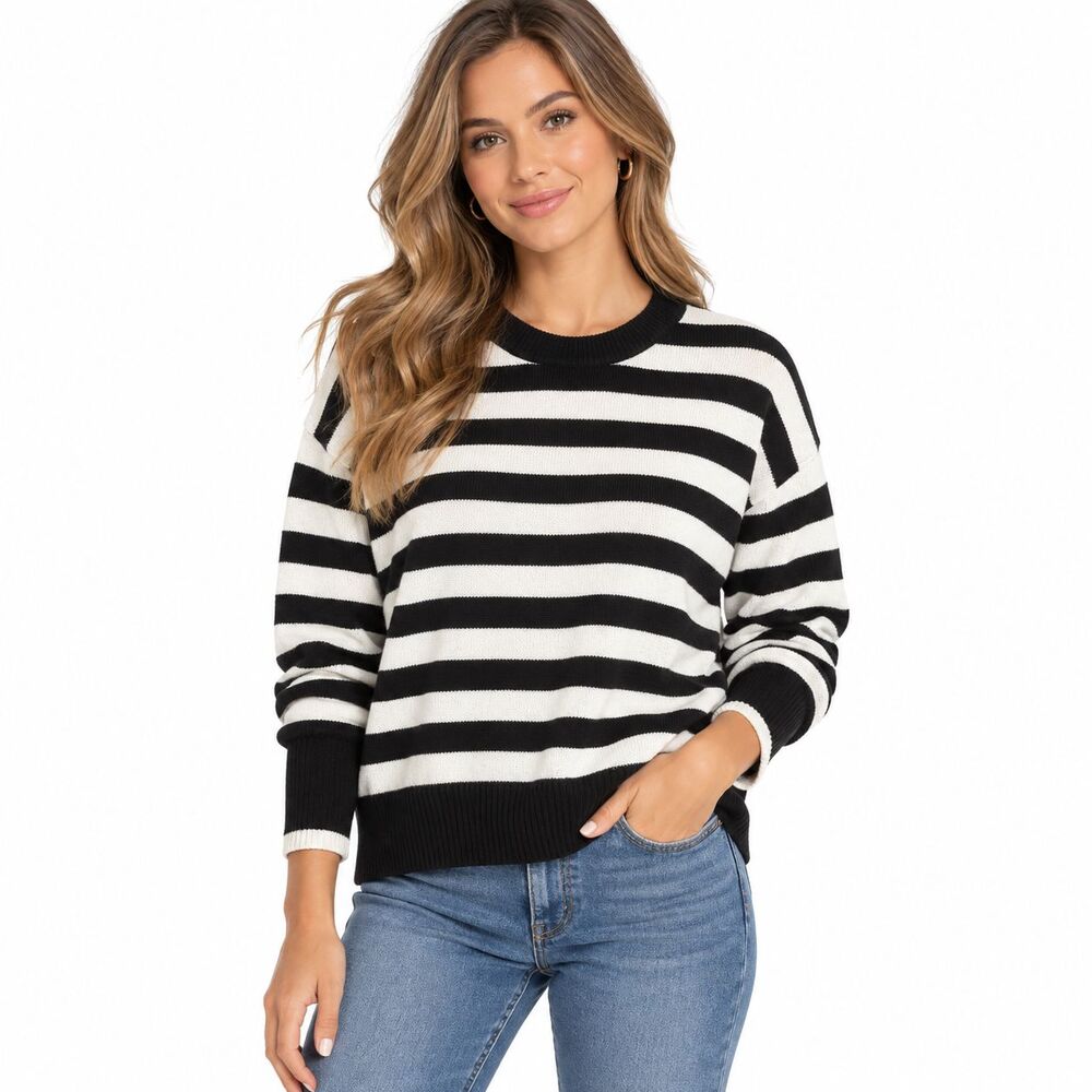 Philosophy Republic Clothing Women SP Striped Sweater Black White Crewneck